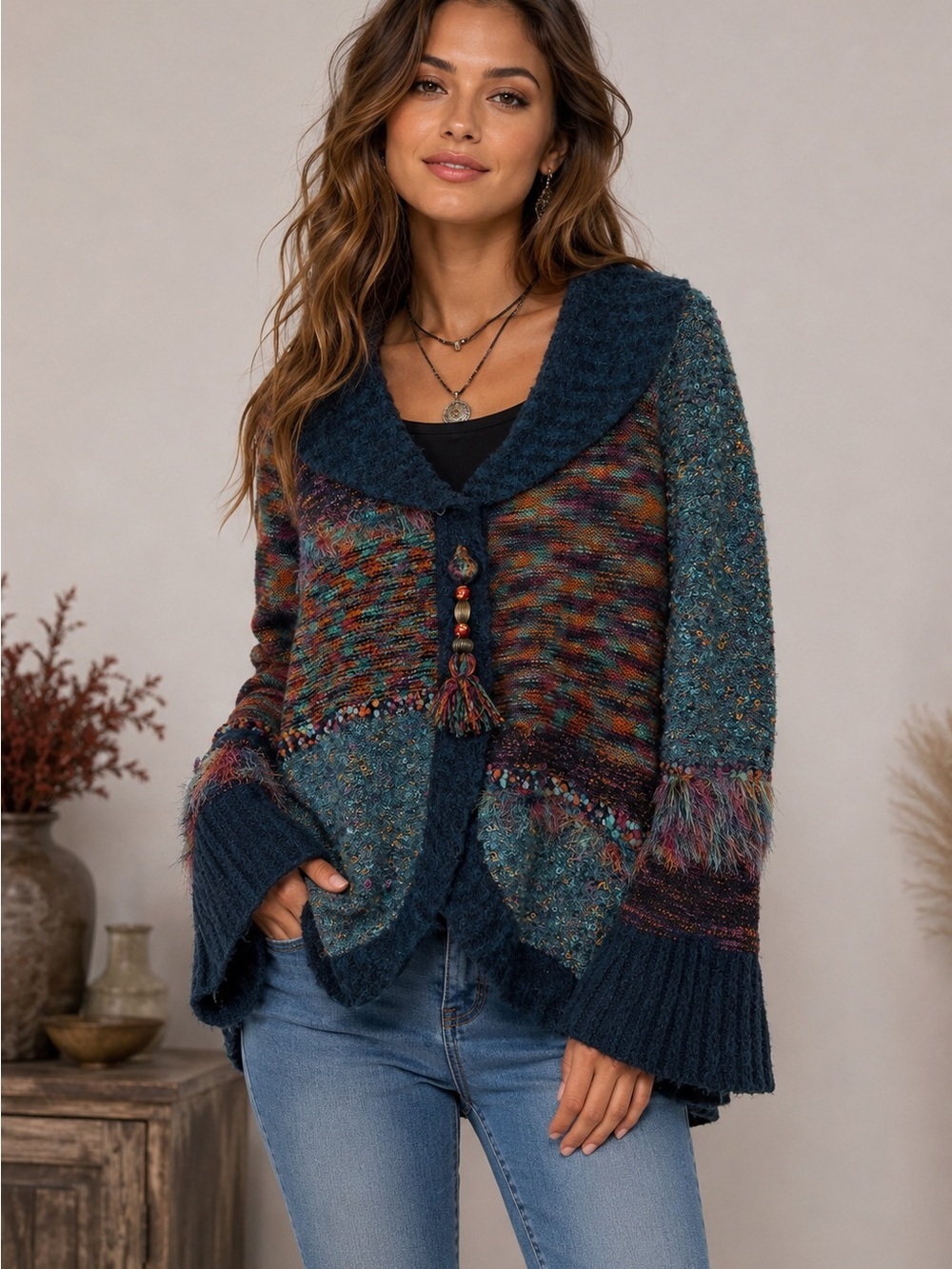 Boho Patchwork Knit Cardigan Jacket Women’s Small Multicolor Artsy Sweater